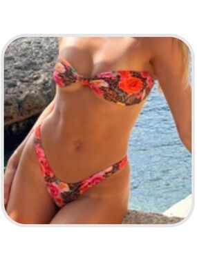 White Fox Boutique Floral Bandeau Bikini - Pink & Orange